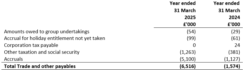 Trade and other payables for the year ended 31 March 2025