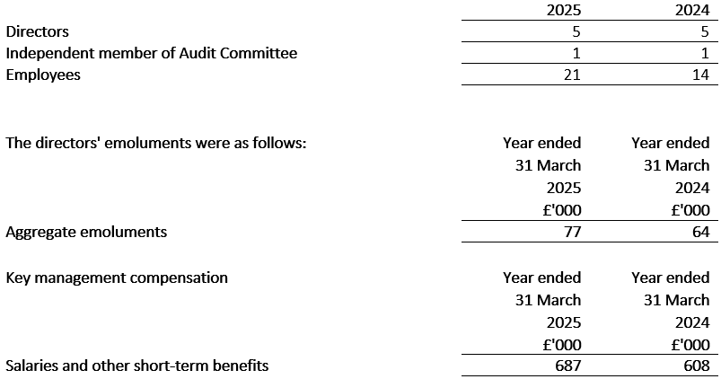 Directors, independent member of audit committee and employees for the year ended 31 March 2025